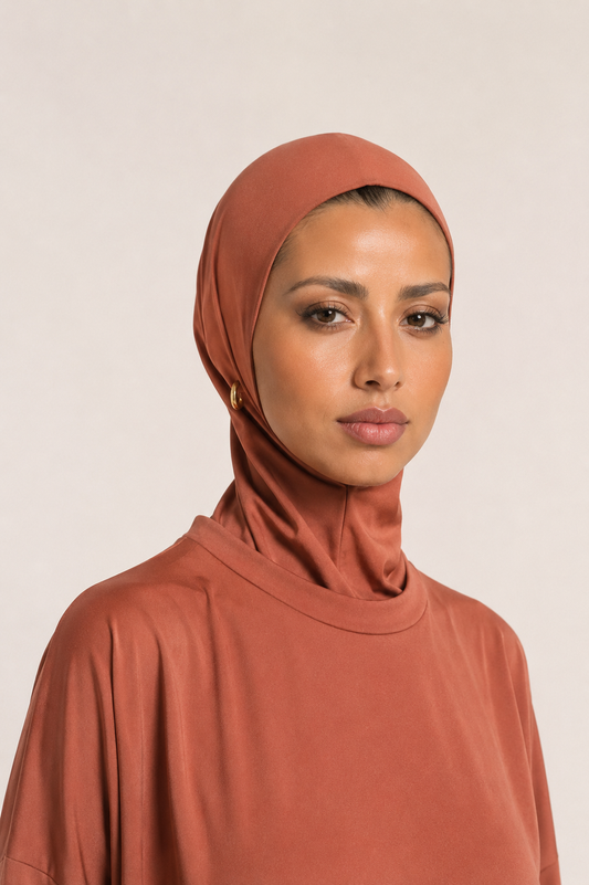 Close-up of the hijab included with the Rust 4-Piece Burkini by Mein Modesty