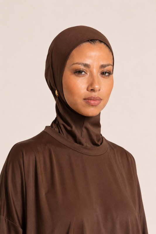 Close-up of the hijab included with the Brown 4-Piece Burkini by Mein Modesty