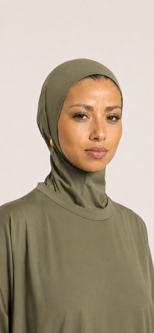 Close-up of the hijab included with the Khaki 4-Piece Burkini by Mein Modesty