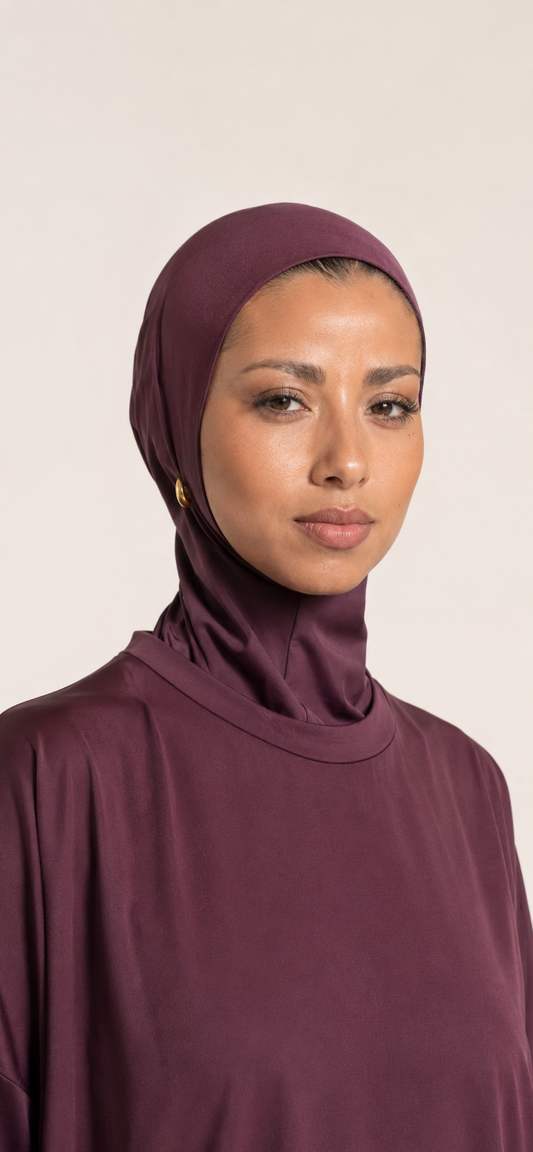 Close-up of the hijab included with the Burgundy 4-Piece Burkini by Mein Modesty